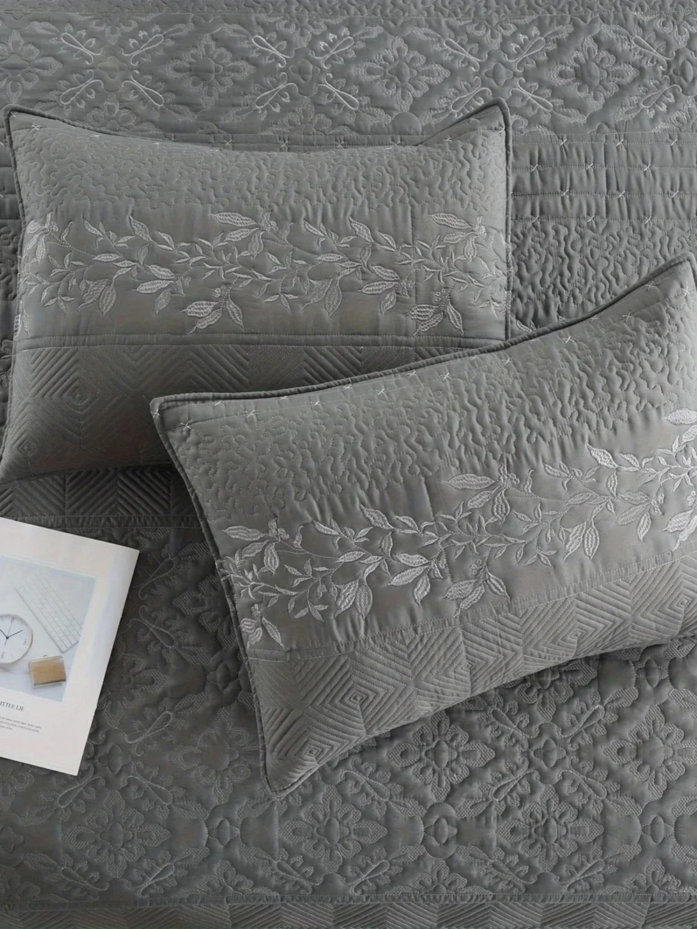 Gray Quilted Floral 3 piece Bedspread Set -